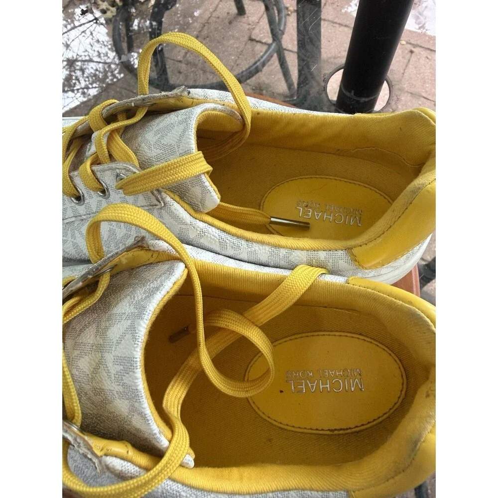 MICHAEL KORS MK LOGO WOMENS LOW TOP LACE UP SNEAKERS WHITE YELLOW RUBBER